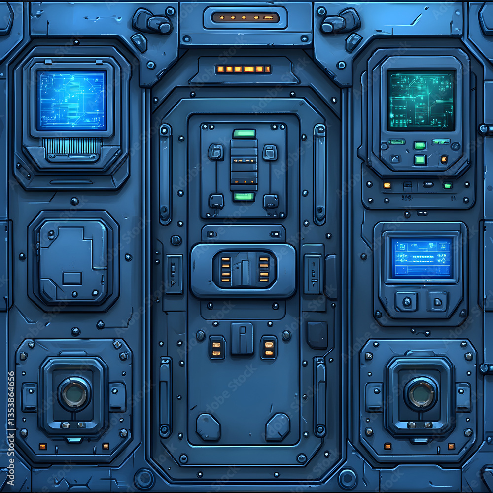 Poster A futuristic control panel featuring multiple screens and buttons, designed with a sleek metallic look and blue accents