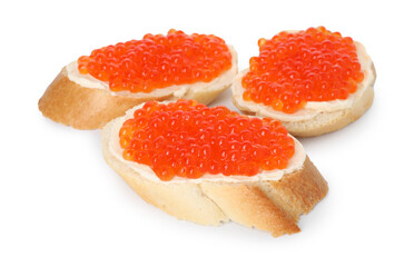 Tasty sandwiches with red caviar isolated on white