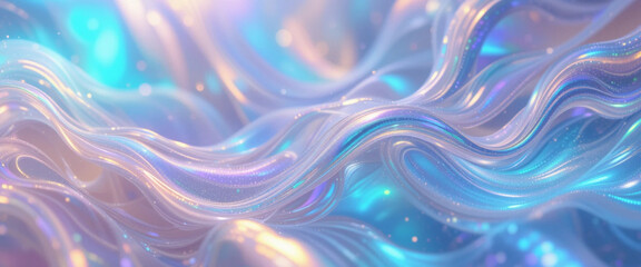 Obraz premium Ethereal flowing waves, iridescent colors, pearlescent sheen, cosmic energy, abstract fluid art, holographic textures, smooth ripples, dreamy atmosphere