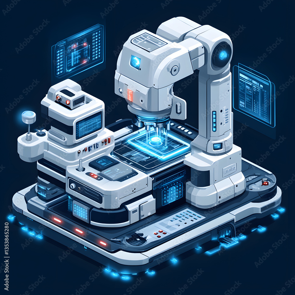 Poster A futuristic robotic arm with advanced features, set on a high-tech platform surrounded by screens and control panels