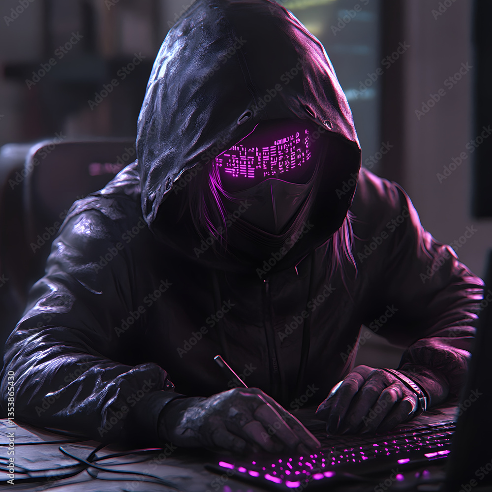 Poster a mysterious figure in a hooded jacket, illuminated by neon lights, types on a keyboard, embodying a