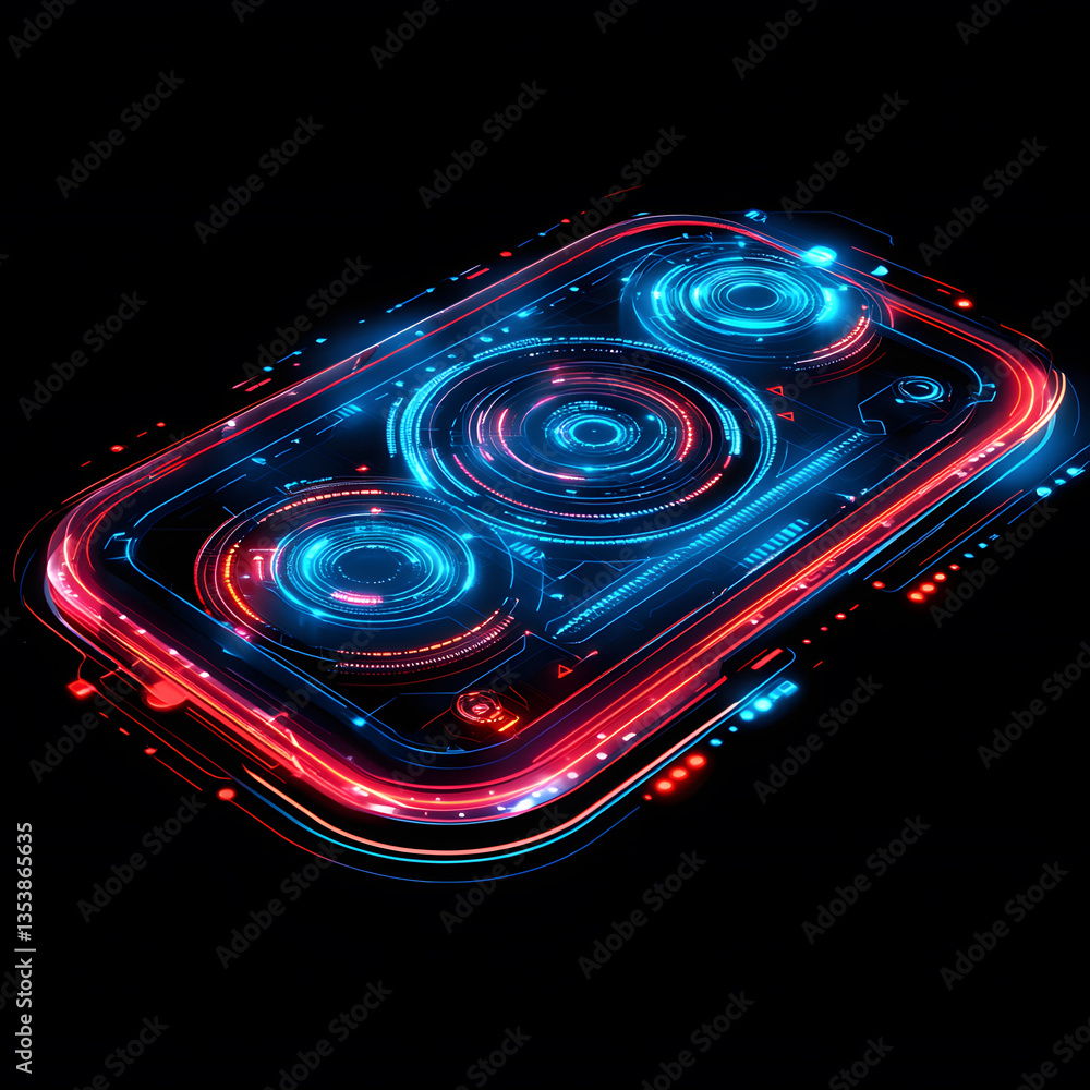 Poster a futuristic, glowing device featuring circular patterns and vibrant blue and red neon elements agai