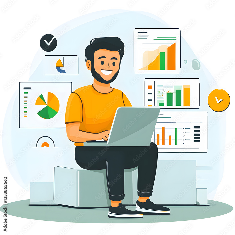 Poster A cheerful person working on a laptop surrounded by colorful graphs and charts, representing data analysis and productivity
