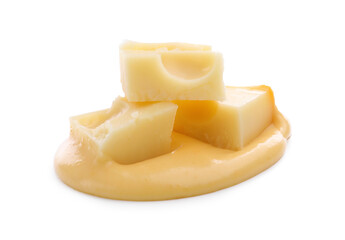 Tasty cheese dipping sauce and pieces of product isolated on white