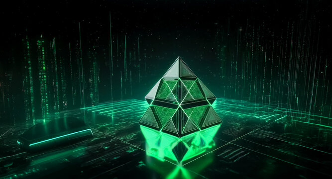 Illuminated green geometric pyramid stands against a dark backdrop. Cascading green digital lines suggest a futuristic, technological, abstract concept.