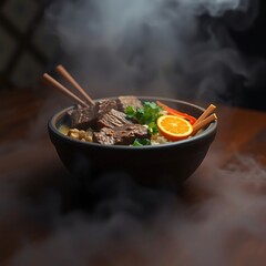 Steaming bowl of beef and rice noodle soup.
