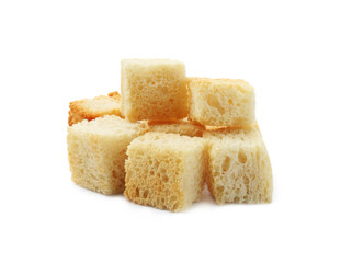 Pile of tasty crispy croutons isolated on white