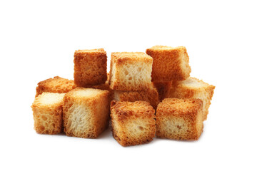 Pile of tasty crispy croutons isolated on white