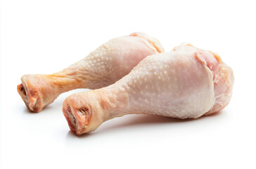 Raw chicken drumstick isolated on a white background, front view