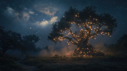 an image of a tree lit up at night with stars in the sky above it
