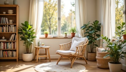 Create an artistic depiction of a cozy reading corner in a bright room, with a stylish armchair and a large window letting in soft, golden light