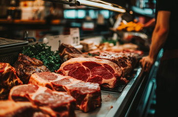 red steaks on display at the grocery store, raw meat in focus, natural lighting highlighting their texture and color