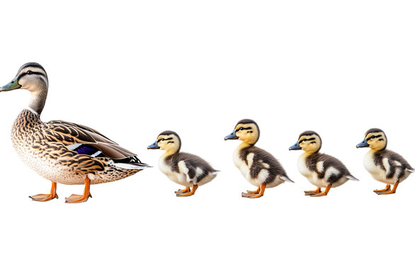 Ducks and ducklings in a line, isolated on a transparent background