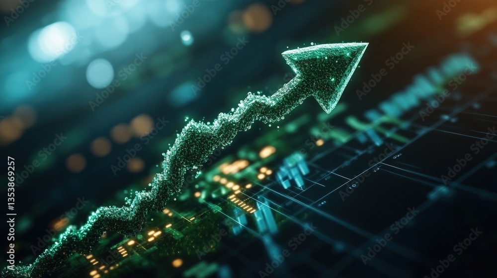 Poster stylized upward-trending teal arrow composed of particles ascending over a dark circuit board backgr