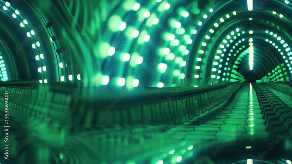Poster seamless futuristic tunnel with glowing green lights in rows, creating a sci-fi abstract background.