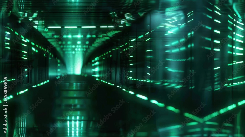 Poster seamless futuristic tunnel with glowing green lights in rows, creating a sci-fi abstract background.