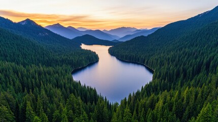 Reservoir surrounded by mountains and forests Concept, Scenic View of a Serene Reservoir Surrounded by Dense Forests and Rocky Mountains at Sunset