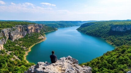 Reservoir surrounded by mountains and forests Concept, Serene Landscape with Golden Light Reflections Over Calm Reservoir Surrounded by Lush Green Hills