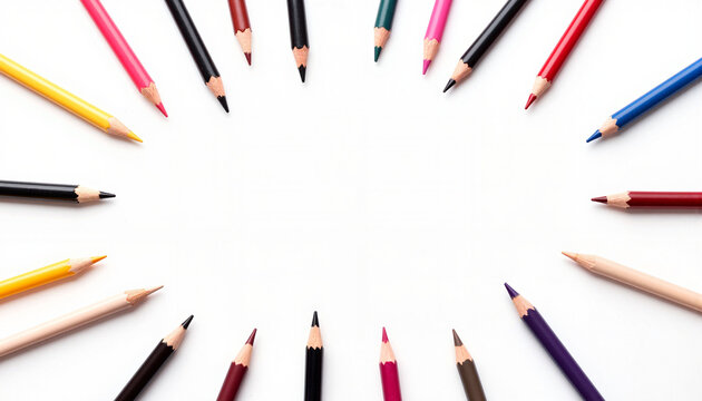 Colorful pencils arranged in circle around empty space  