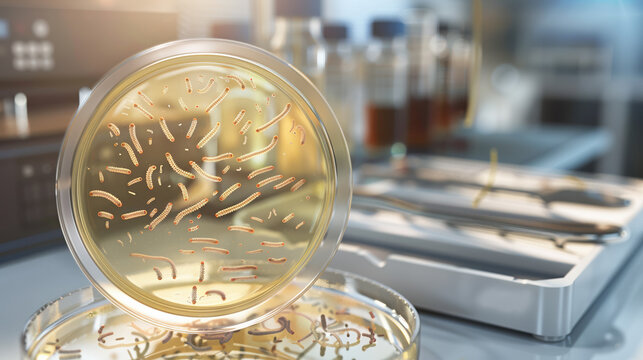 Microscopic view of parasitic worms in a petri dish, surrounded by lab equipment, symbolizing medical research and health concerns in scientific studies.