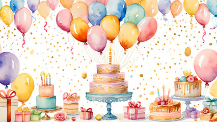 Happy birthday greeting card in colorful watercolor sketch style.
