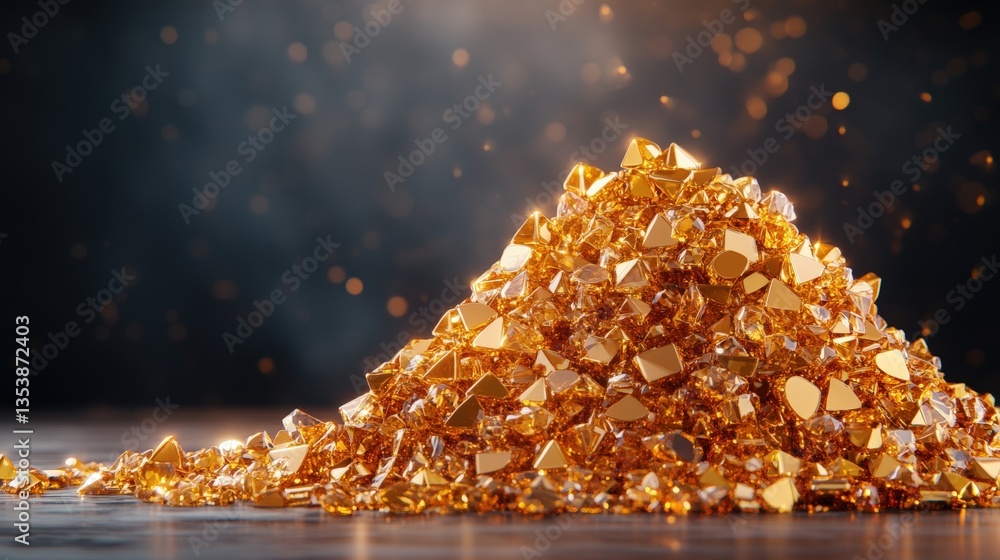 Poster a large pile of glitte irregularly shaped golden gemstones resting on a dark surface with a smoky bo