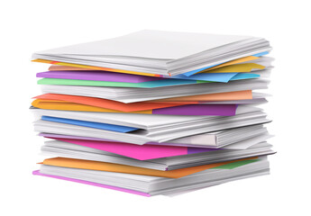 stack of colorful papers with blank white pages on top, with a transparent background