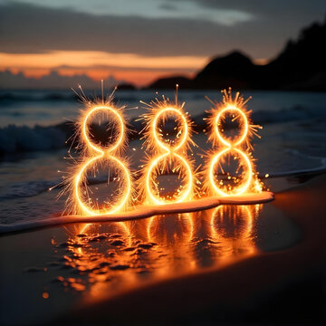 The number 888 is written in glowing sparks on the sand, best 888 days, 888 golden days, 888, 888 days in summer, 888 days on beach in sunset