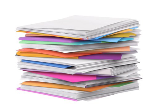 stack of colorful papers with blank white pages on top, with a transparent background
