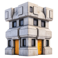 Modern Gray Concrete Building With Yellow Doors 3D Rendered Image