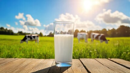 Fresh milk from pitcher into the glass with grass field and cows with a natural background,fresh milk ad template banner,Cows live on natural pastures, packaging with milk packs concept.
