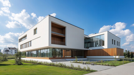 Modern two-story house with minimalist architecture and landscaped surroundings