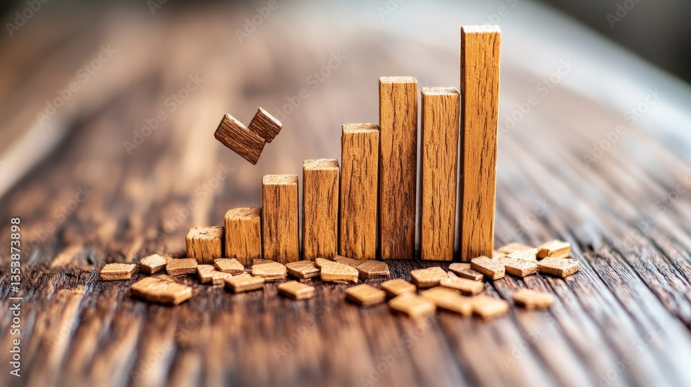 Aufkleber wooden bar graph representing declining trend with pieces falling and surrounding broken wood on rus