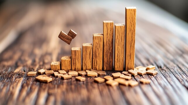 Wooden Bar Graph Representing Declining Trend with Pieces Falling and Surrounding Broken Wood on Rustic Surface Depicting Failure and Deterioration