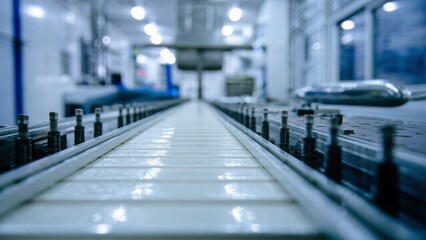 Conveyor belt with bolts and screws in an industrial setting under bright lights, featuring blurred background and machinery, highlighting precision in automated manufacturing