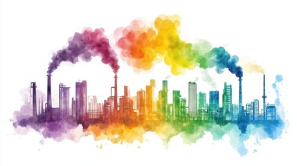 Fototapeta premium Rainbow Hues of Industrial Pollution A Watercolor Depiction of Environmental Concerns and Urban Industrialization
