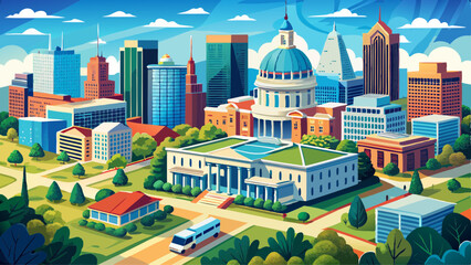 Aerial view of the North Carolina State Capitol and Raleigh skyline