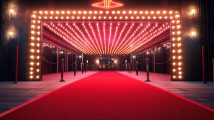 Elegant movie theater entrance illuminated with bright marquee lights on red carpet