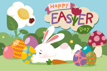 Cute white rabbit with colorful Easter eggs in a vibrant flower field illustration for Easter 2025 celebrations, Vector, Illustration