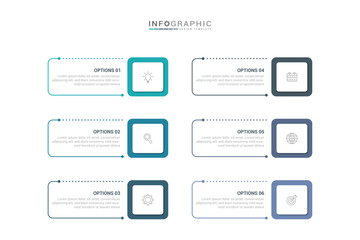 6 steps infographic template with 6 options. Flowchart that can be used for business report, data visualization and presentation. Timeline infographic elements vector illustration.