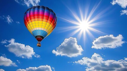Naklejka premium Colorful hot air balloon soaring in a vibrant blue sky with fluffy clouds and bright sun.