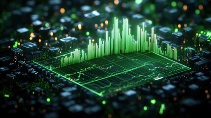 Obraz premium Glowing Green Circuit Board Cityscape with Dynamic Stock Market Graph Display, Elevated Design Highlighting Financial Trends and Urban Technology Innovation