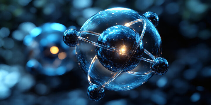 3D-Illustration eines leuchtenden Atoms mit Elektronenbahnen
