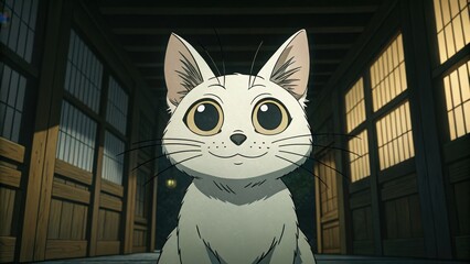 Cute Pet Concept. Adorable White Kitten Smiles Sweetly in a Dark, Mystical Japanese Corridor, Lit by Soft Golden Light. A Captivating Anime-Style Illustration