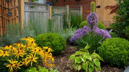 A colorful garden showcases varied flowers, including yellow daisies and purple blooms. The well-maintained space features rounded hedges and wooden fencing, creating a picturesque setting.