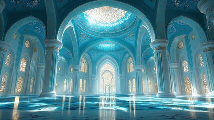 Fototapeta premium Sunlit Azure Mosque Interior, Reflecting Pool