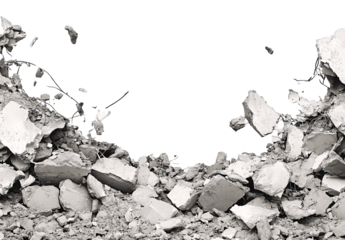Black and white background, broken concrete wall, pile of debris, transparent background