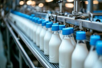 Blue-Capped Milk Bottles on Industrial Conveyor