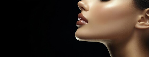 Emphasis on facial features highlighted by striking lighting techniques.