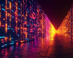 A digitally lit corridor comprised of streaming glowing binary digits